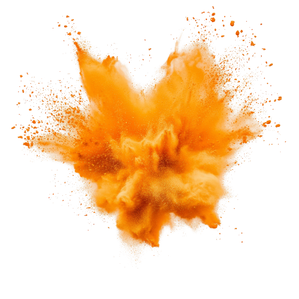 Vibrant orange powder explosion isolated on transparent background showcasing dynamic dispersal effects, orange powder pulver explosion isolated on transparent background png