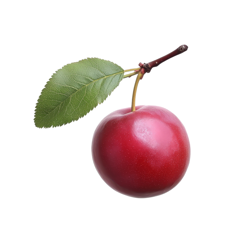 Fresh red cherry plum with a green leaf isolated on a bright transparent background highlighting its vibrant color, Red cherry plum isolated on transparent background png