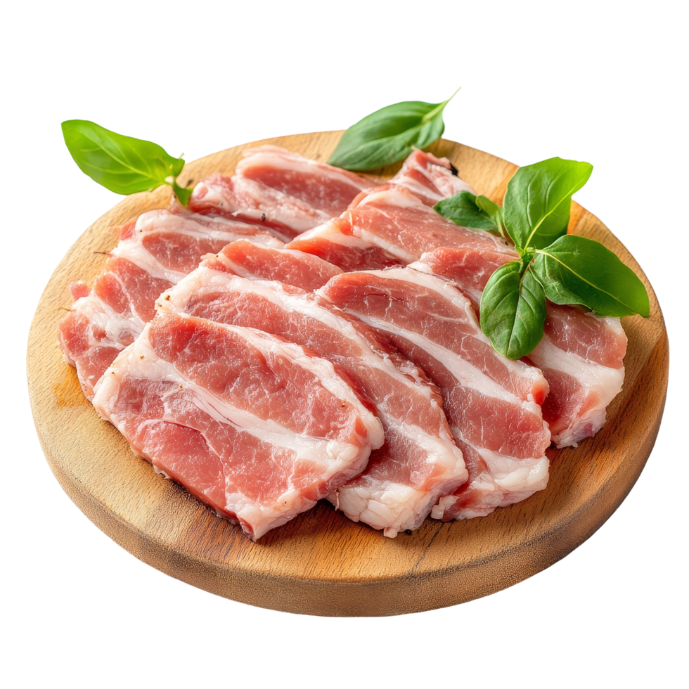 Fresh slices of pork arranged on a wooden board with basil leaves on a clean transparent background, Meat, pork, slices pork on transparent background png