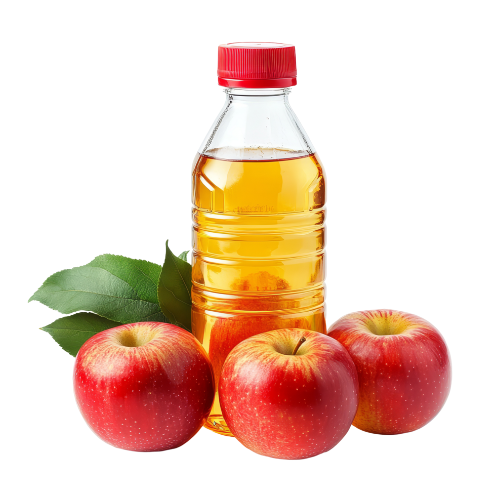 Fresh apple juice bottle with ripe red apples on a clear transparent background, Bottle of apple juice with red apples isolated png