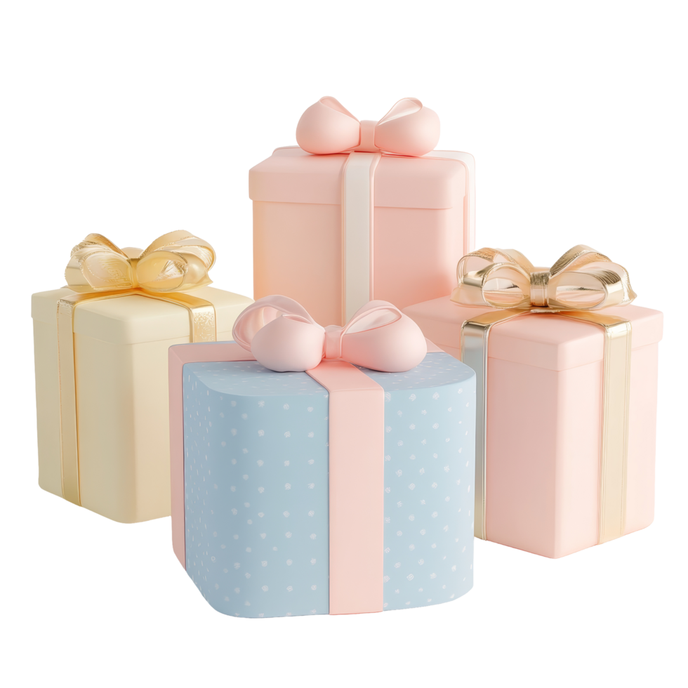 Pastel gift boxes beautifully arranged on a transparent background for festive celebrations in any season, 3 Gift boxes 3d render pastel color isolated on transparent background png