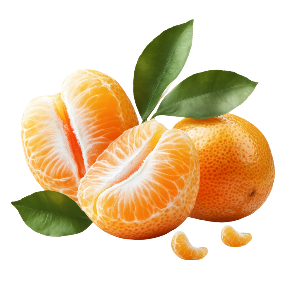 Fresh mandarin fruit with vibrant orange peel and green leaves set against a clean transparent background, Mandarin fruit transparent isolated on trransparent png