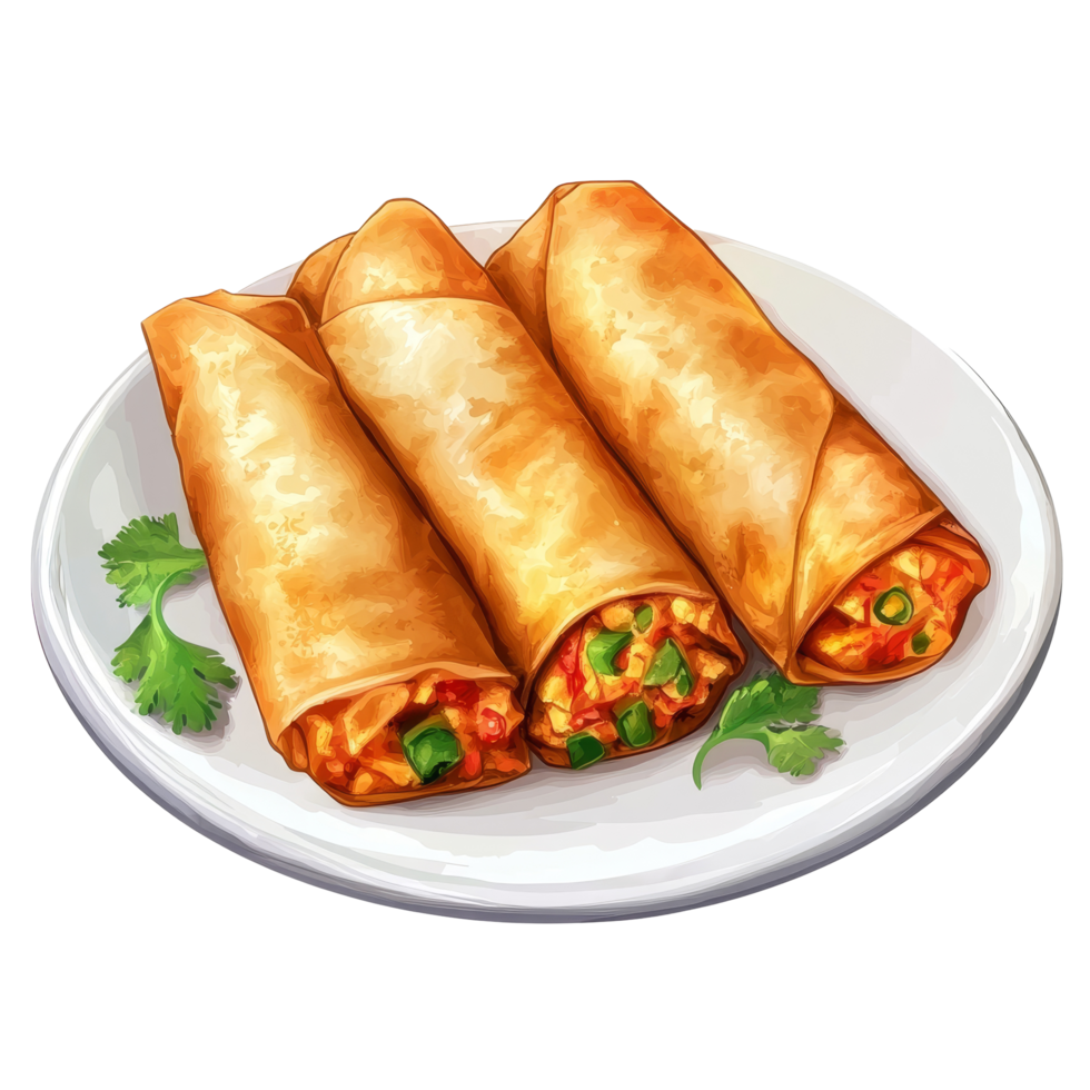 Deliciously fried traditional Chinese spring rolls served on a transparent plate garnished with fresh herbs, Fried Chinese Traditional Spring rolls food on transparent background png