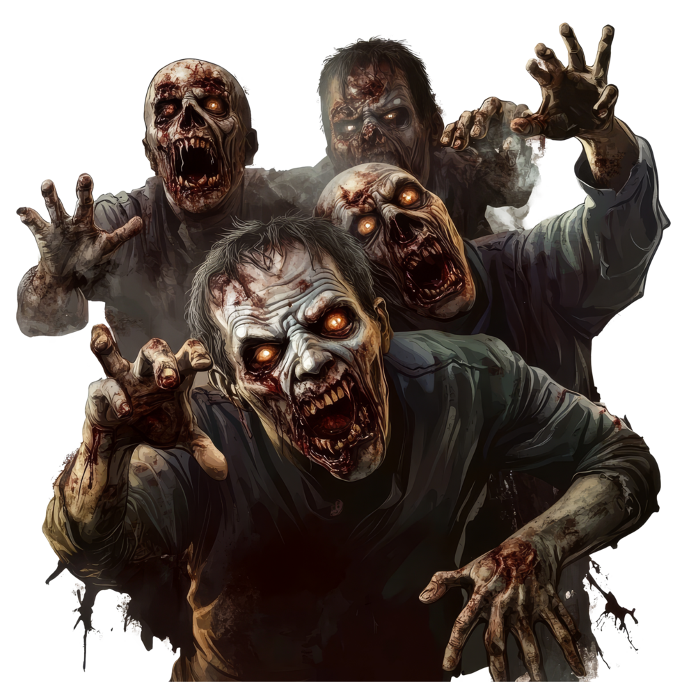 Terrifying zombies with gory details on transparent background perfect for horrorthemed projects and designs, Terrifying Zombies on Transparent Background, Horror Concept, banner png
