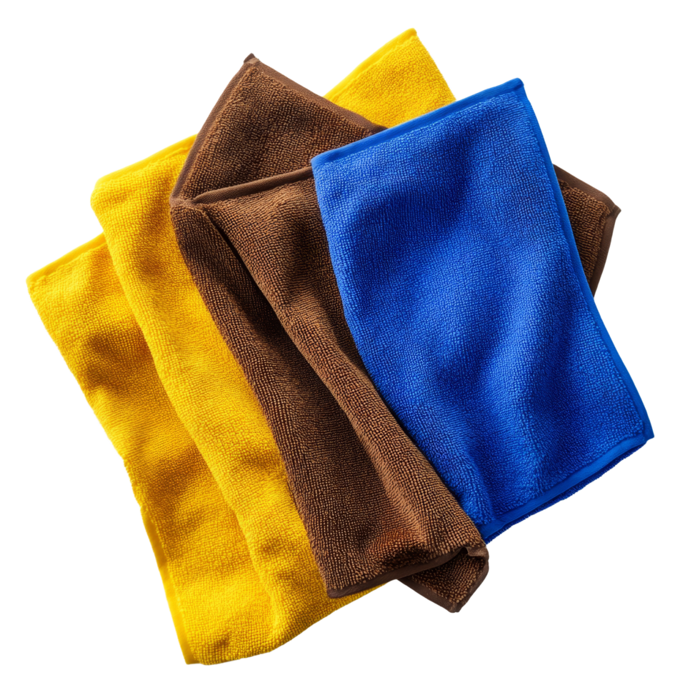 Colorful microfiber cleaning cloths stacked together in a neat arrangement at a sunny indoor cleaning space, Microfiber Cleaning Cloths, yellow, blue and brown on transparent background png
