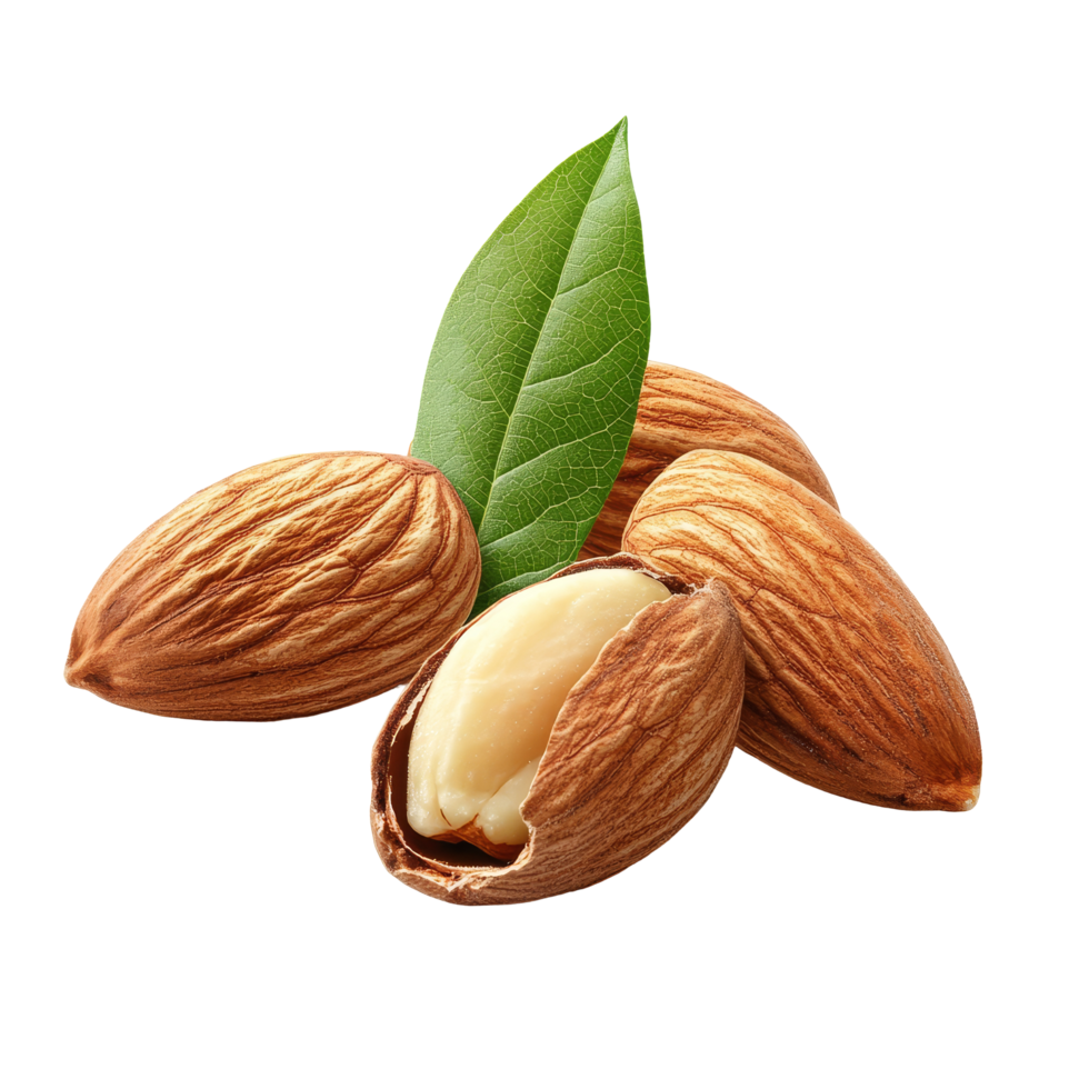 Almonds with green leaf isolated on a transparent background, highlighting their natural beauty, almonds with leaf isolated on transparent background png
