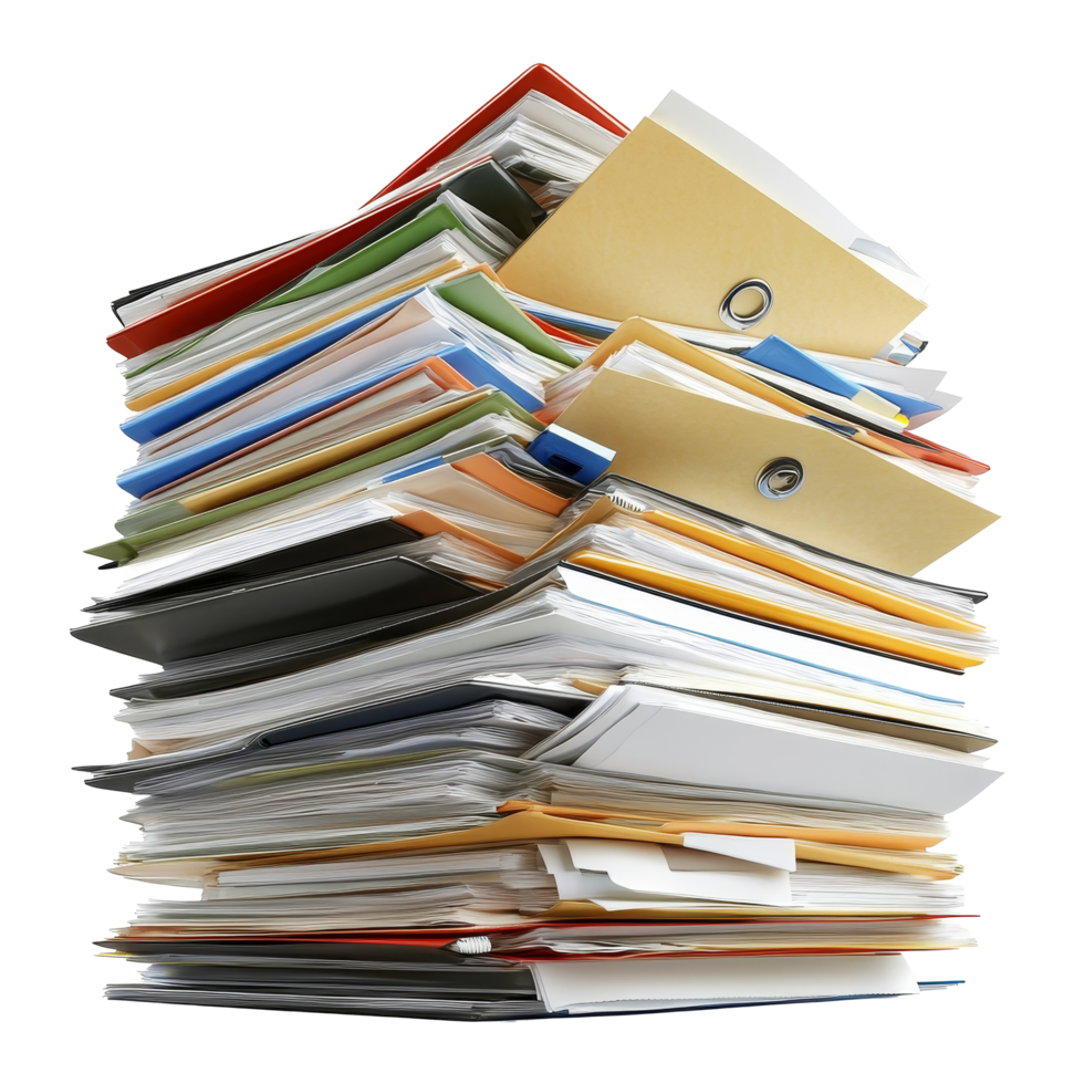 A cluttered pile of diverse folders and paperwork on a transparent background showcasing disorganization and workload, Pile of folders and paperwork png