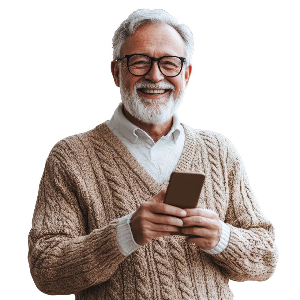 Cheerful senior man smiles while holding a smartphone against a transparent background, Smiling Senior Man with Phone on transparent background png