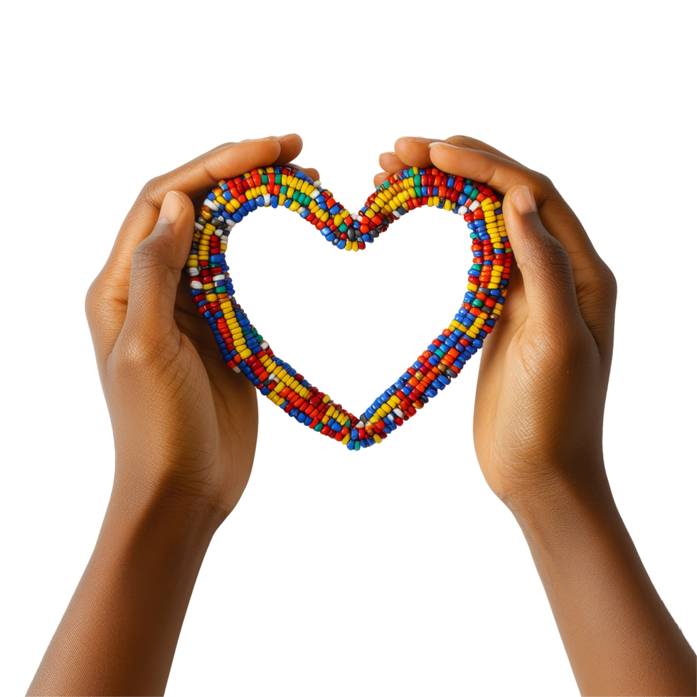 African hands create a heart shape using a colorful beaded bracelet made of various beads, African Hands with Beaded Bracelet Forming Heart Shape on transparent background png