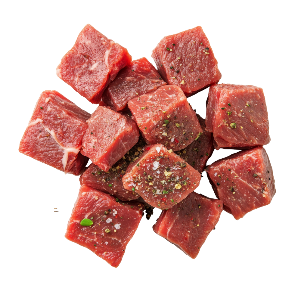 Fresh seasoned raw beef chunks ready for cooking on a clean transparent background, seasoned raw beef food isolated on transparent background png