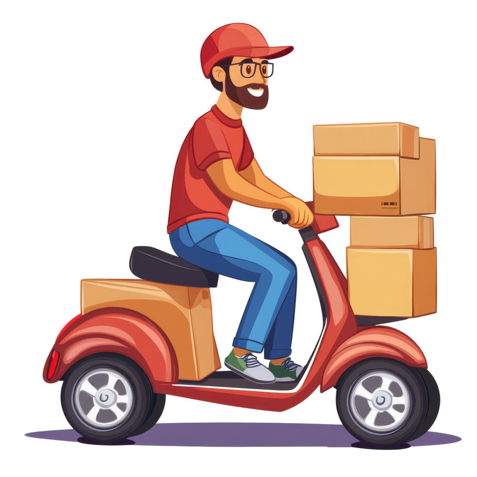 A courier riding a scooter delivering boxes on a sunny day in a busy urban area, file no background Courier delivering boxes to a customer png
