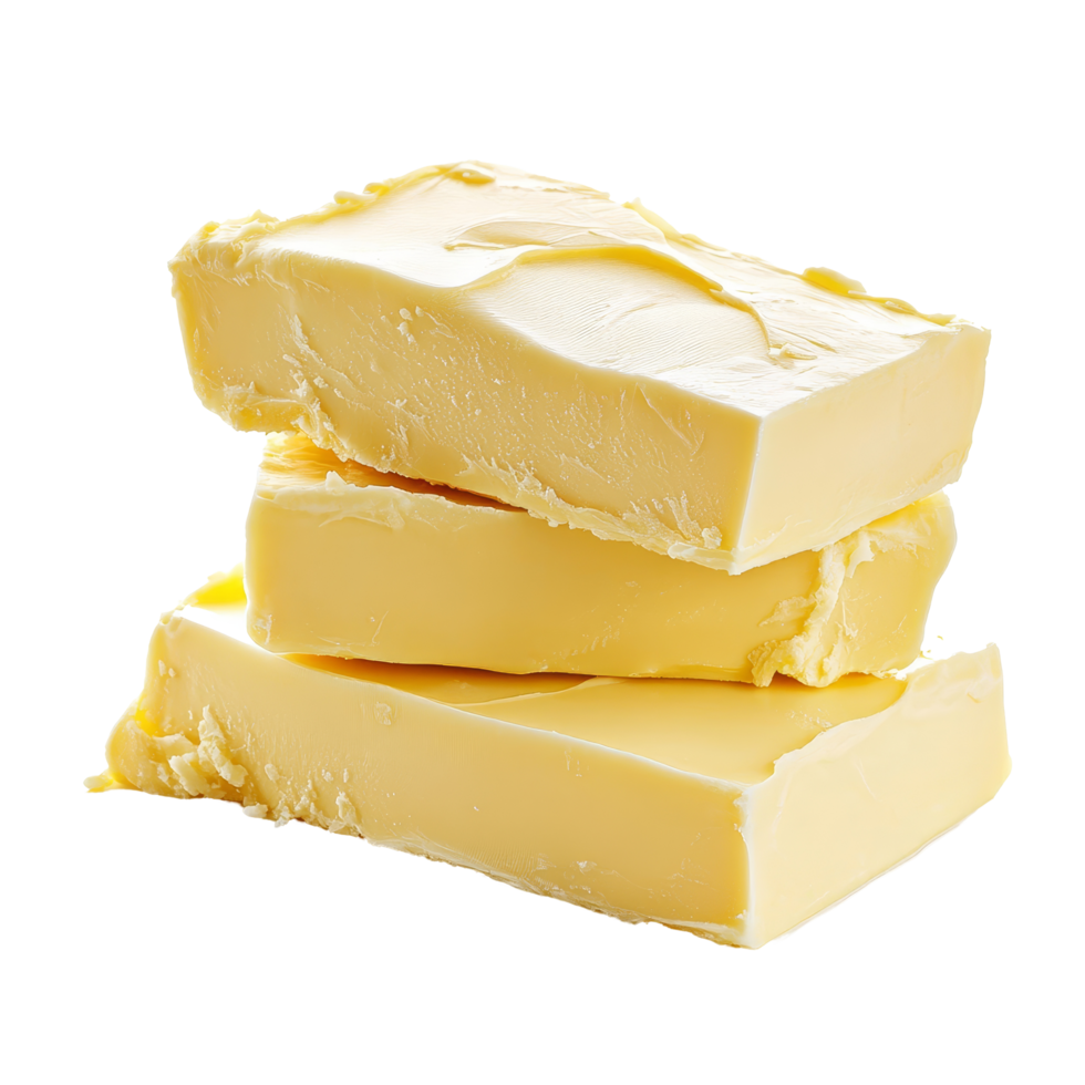 Layers of creamy butter stacked on a transparent background showcasing its smooth texture and golden hue, butter on transparent background png
