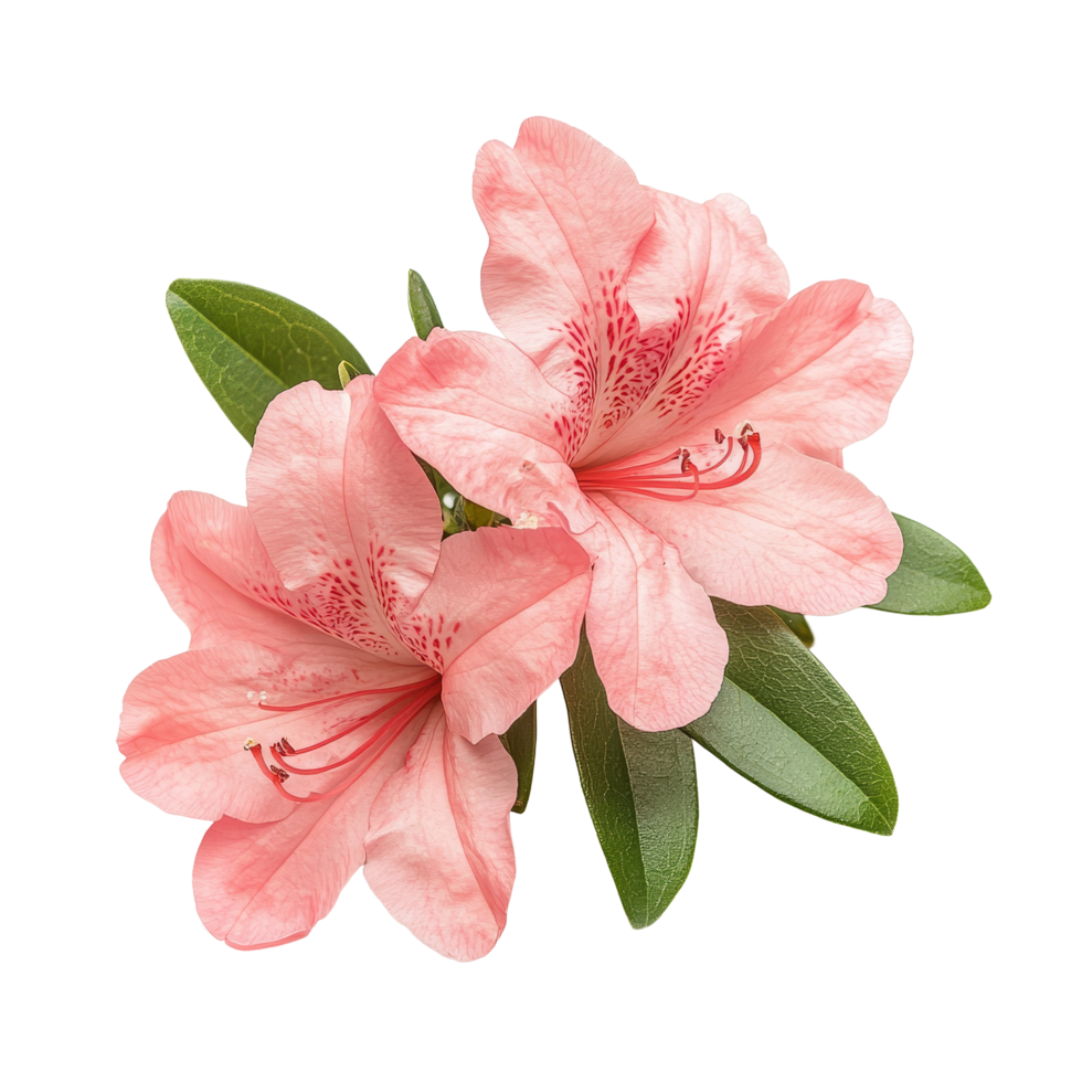 Beautiful azalea flowers with lush green leaves isolated on a clean transparent background, Azalea flowers isolated on transparent background cutout png