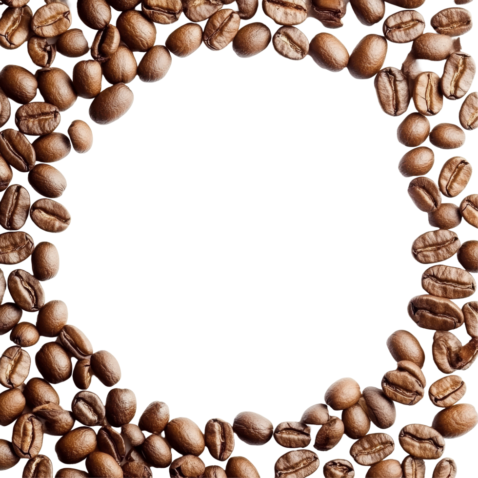 Fresh coffee beans arranged in a circular pattern against a transparent background creating a perfect copy space for creative use, Coffee beans with round copyspace against transparent background png