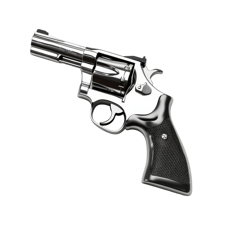 A detailed view of a revolver gun with a chrome finish placed on a clean transparent background for clear visibility, Revolver gun isolated on transparent background png