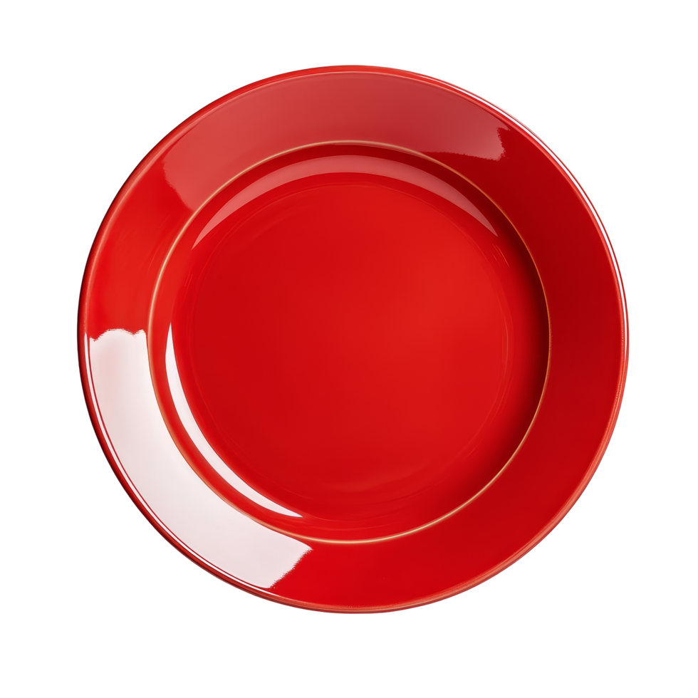 A vibrant red plate on a pristine transparent background, showcasing its glossy finish and elegant design, red plate on transparent background png