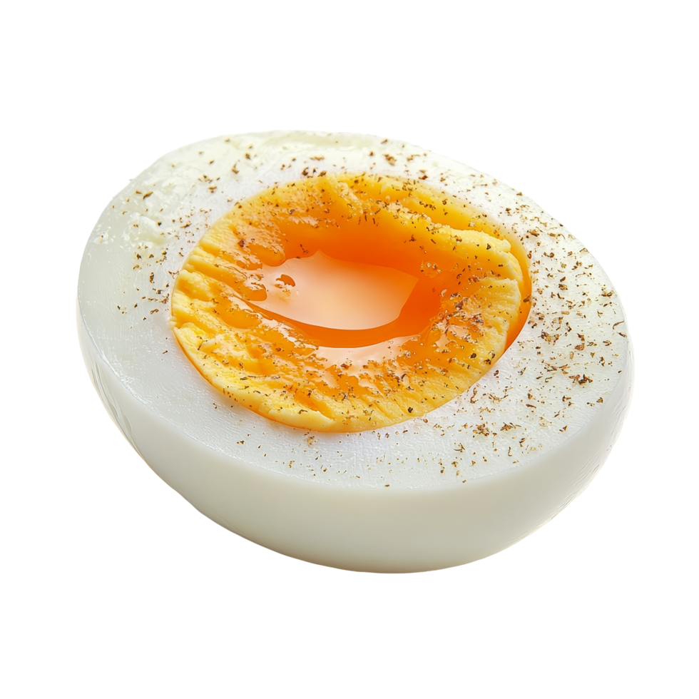 A perfectly boiled egg sliced in half, showcasing a vibrant yolk on a clean transparent background, boiled egg on transparent background full depth of field png