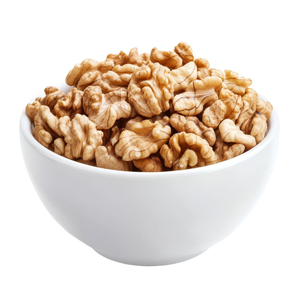 Fresh walnuts in a transparent bowl showcasing their rich texture against a clean transparent background, Walnuts in transparent bowl isolated on transparent background png