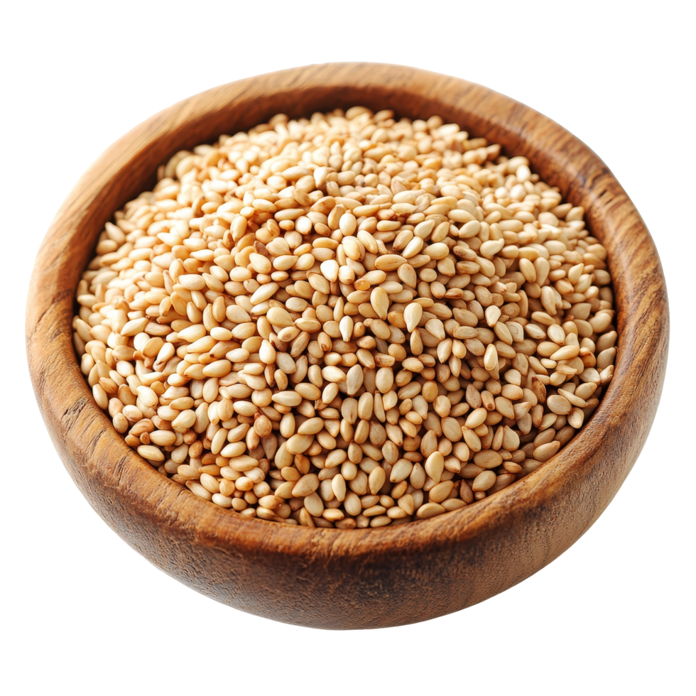 Natural sesame seeds neatly arranged in a rustic wooden bowl on a bright transparent background, Sesame seeds in a woodenbowl isolated on transparent background png