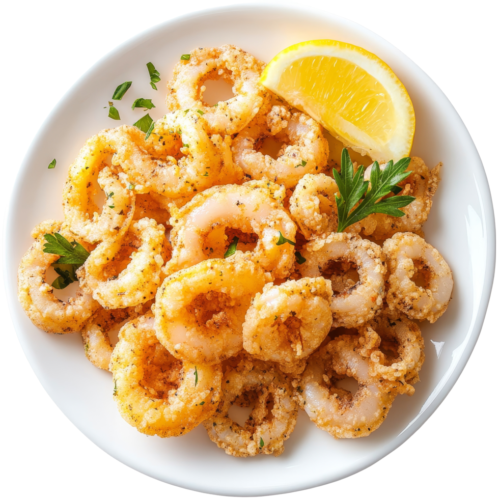 Deliciously fried calamari served on a transparent plate with lemon and parsley garnishes, Fried calamari in a plate on a transparent background png
