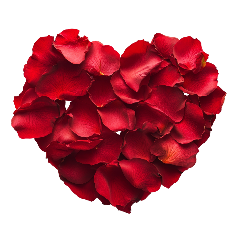 Red rose petals arranged in a heart shape on a transparent surface for romantic occasions, red rose petals in the shape of a heart, isolated on transparent background png