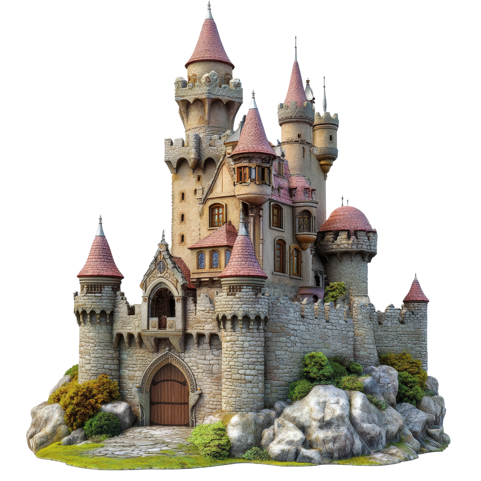 A majestic medieval fairy tale castle nestled among rocks with stunning architecture and enchanting towers, Fairy Tale Castles, Fantasy Medieval Architecture Isolated on transparent background png