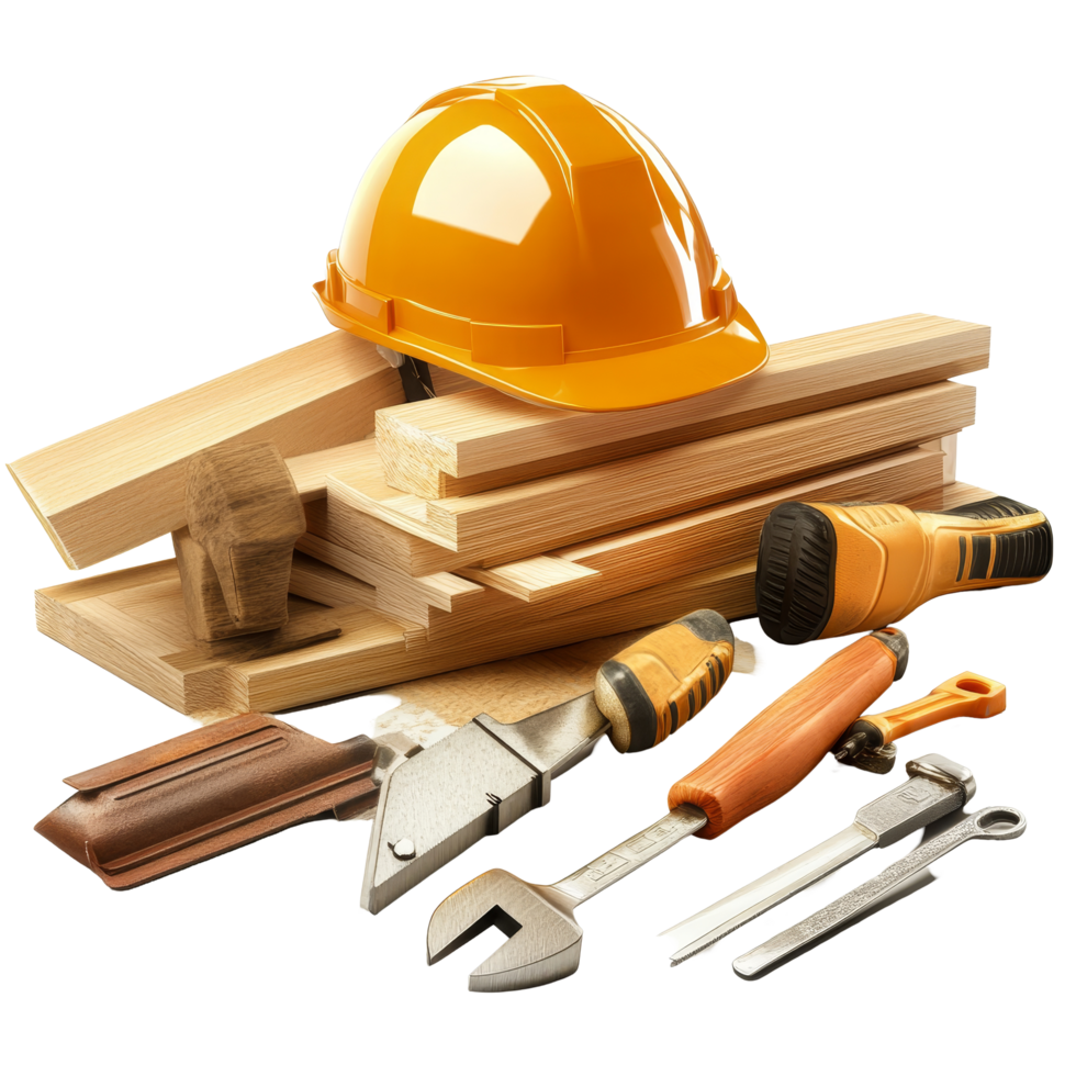 Carpentry tools arranged with a safety helmet and wood pieces on a bright surface in a workshop setting, Carpentry tools with safety helmet png