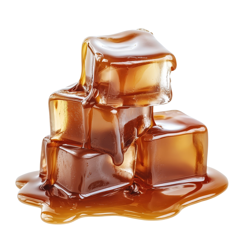 Melting caramel ice cubes creating a sweet puddle on a bright transparent background, Melting Caramel Ice Cubes on transparent background png