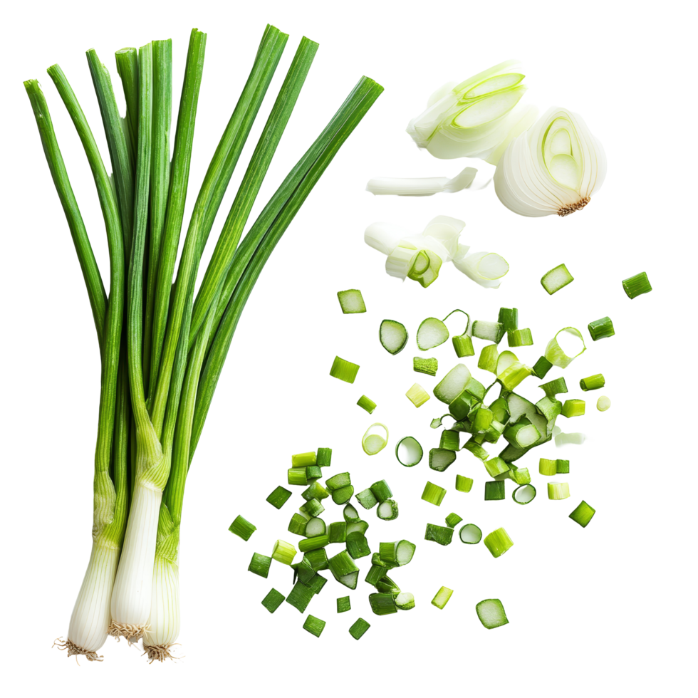 Sliced green onions with whole scallions arranged neatly on a transparent background for culinary preparations, Slice green onions on transparent background png