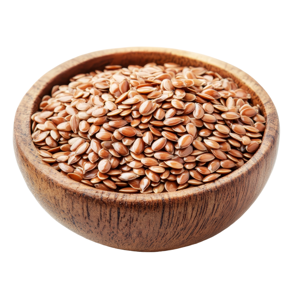 Fresh flax seeds in a wooden bowl on a transparent background showcasing natural health benefits and culinary uses, flax seeds in wood bowl isolated on transparent background png