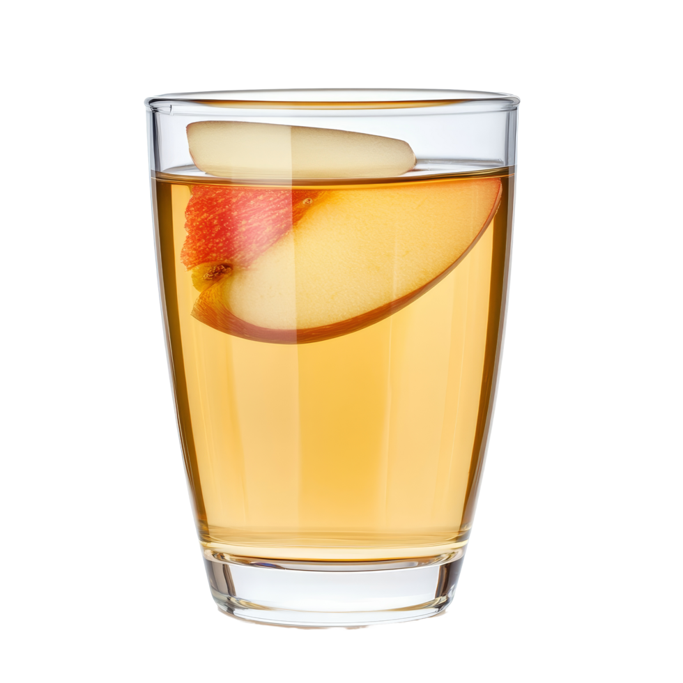 Refreshing glass of apple juice with apple slice on a transparent background perfect for a healthy beverage choice, Glass of apple juice isolated png