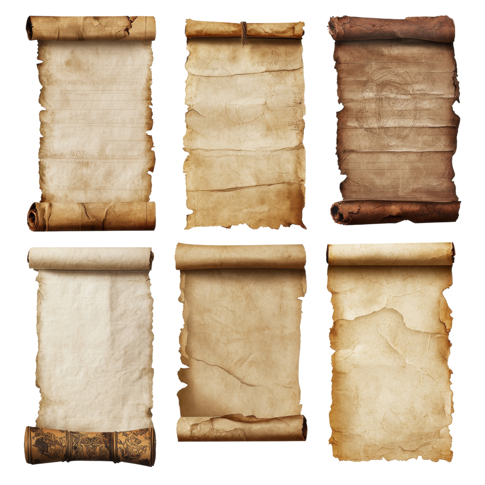 Ancient scrolls on historical parchment paper showcasing unique textures and aged appearances, Set Ancient Scrolls, Historical Parchment Paper with Aged Texture, Isolated on transparent background png