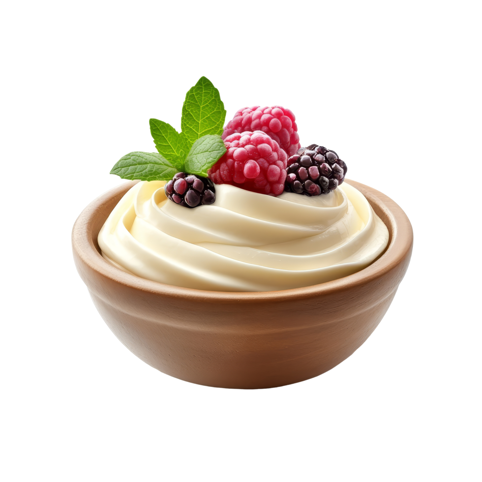 Delicious yoghurt in a brown bowl topped with fresh raspberries and blackberries, isolated on a transparent background, Yoghurt in a bowl isolated on transparent background png