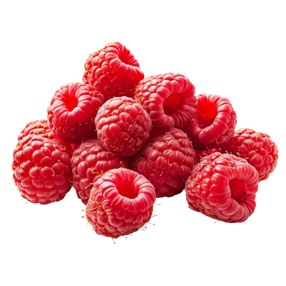 Ripe raspberries on a transparent background, highlighting their vibrant color and texture for culinary inspiration, ripe raspberries isolated on transparent background png