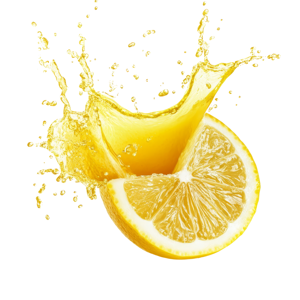 Fresh lemon sliced open with juice splashing against a bright transparent background, Fresh grape juice splash on transparent background png