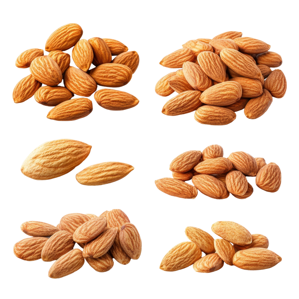 Different angles of raw almonds isolated on a transparent background showcasing their natural shape and texture, Different angle of raw almonds isolated on transparent background png
