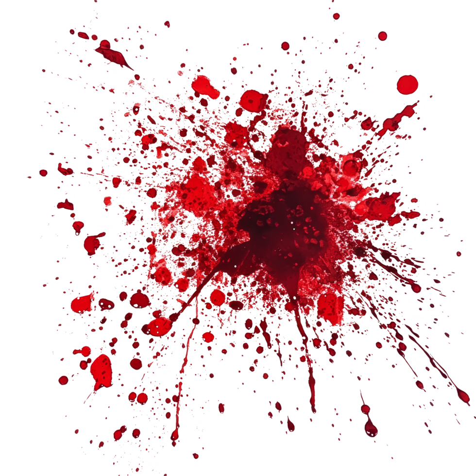 Vivid blood splatter on a stark transparent background creating an unsettling horror atmosphere, Blood Splatter on transparent background Horror scene png