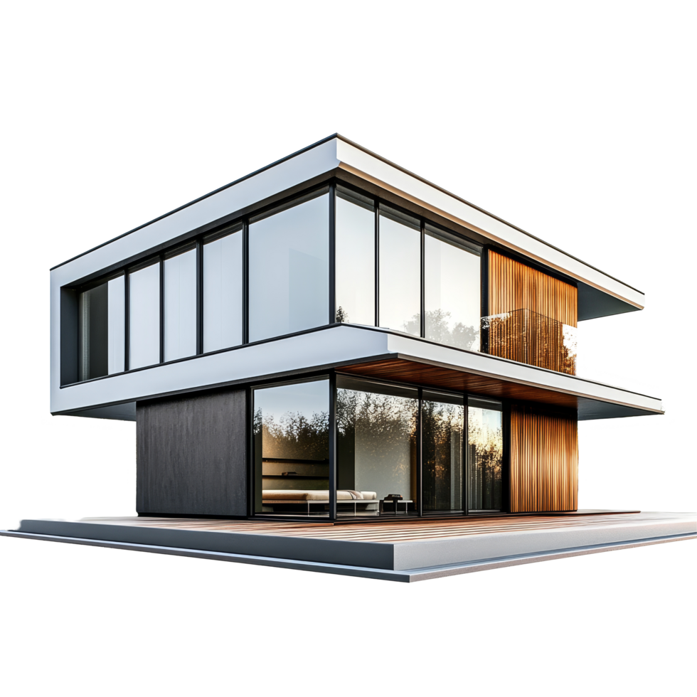 Modern twostory house with expansive glass windows and wooden accents on a transparent background, modern house, isolated transparent background png