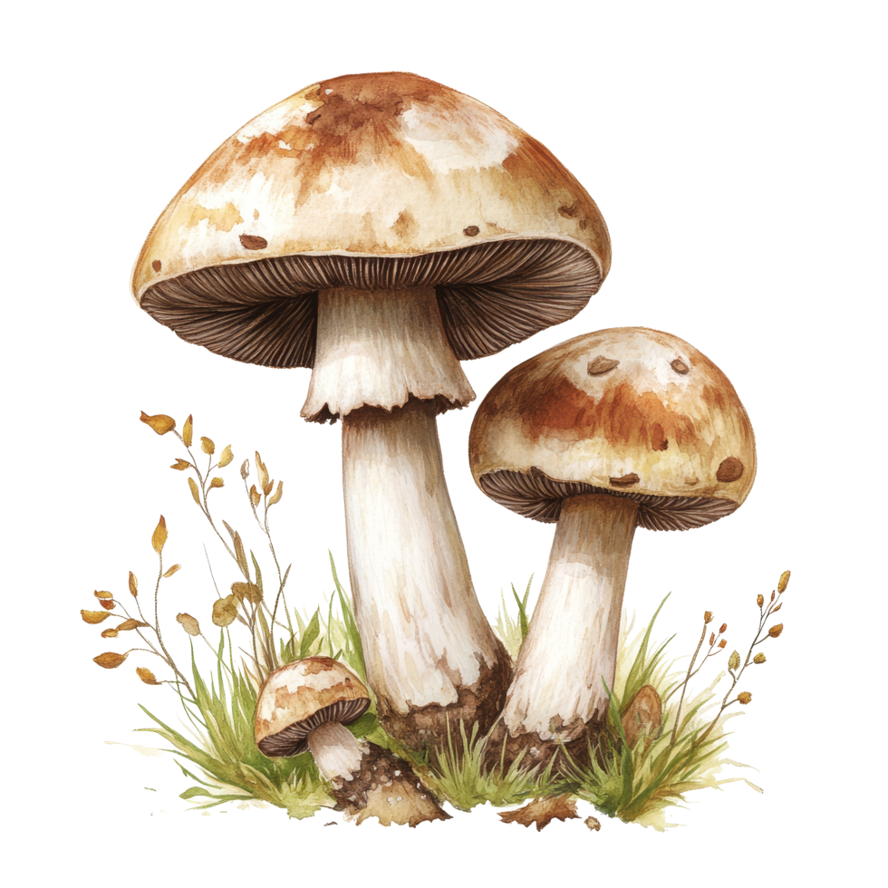 Mushrooms growing on a transparent background featuring various sizes and natural details of their structure, Mushrooms on transparent background png