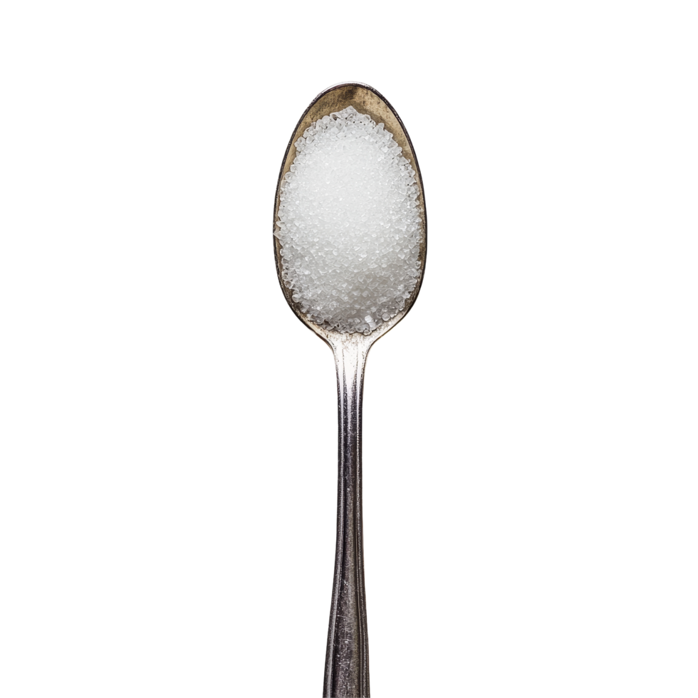 A silver spoon filled with granulated sugar on a plain transparent background, showcasing the texture and shine of the sugar, sugar in spoon on transparent background png