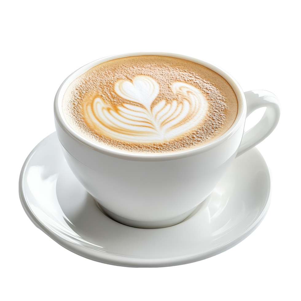 A beautifully crafted cup of latte with heart design on a transparent background, served in a simple transparent cup with a saucer, Cup of latte transparent background png