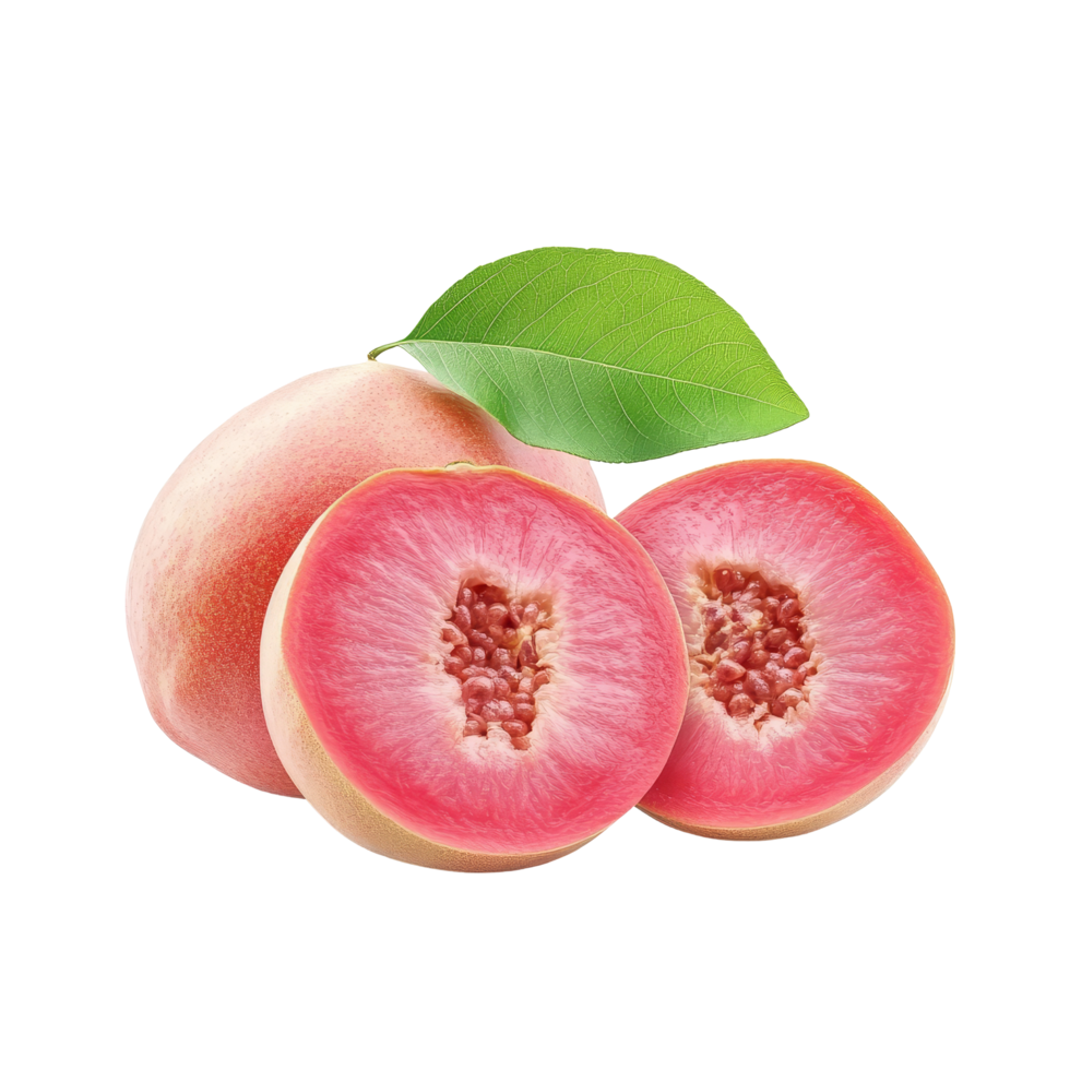 Fresh red guava fruit cut in half with leaf on a clean transparent background, red guava fruit with leaf isolated on transparent background png