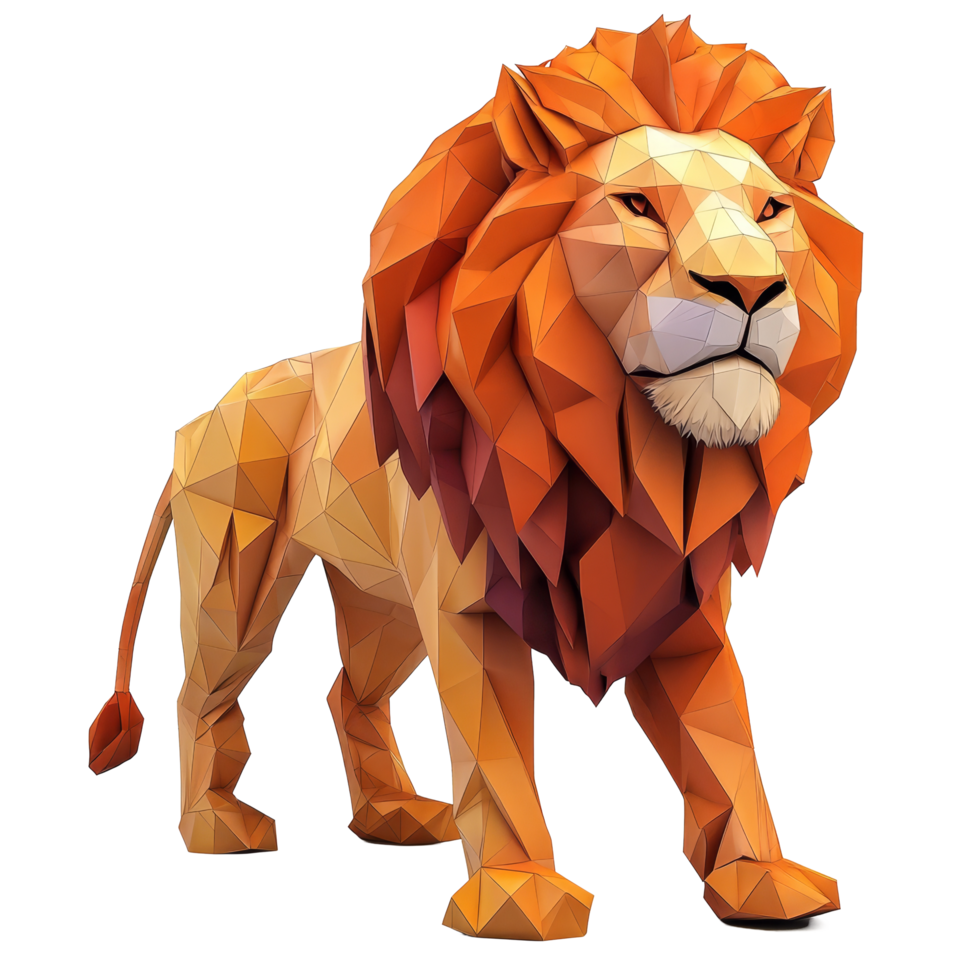 Explore the intricacies of a lion low poly papercraft creation in a vibrant, artistic style, Lion Low Poly Papercraft 3d rendering isolated on transparent background png