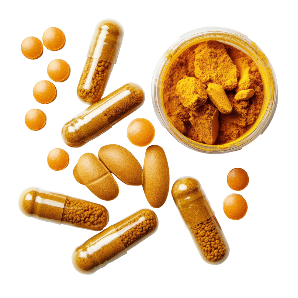 Turmeric powder with capsules and tablets arranged on a transparent background promoting health benefits, turmeric and capsules on transparent background png