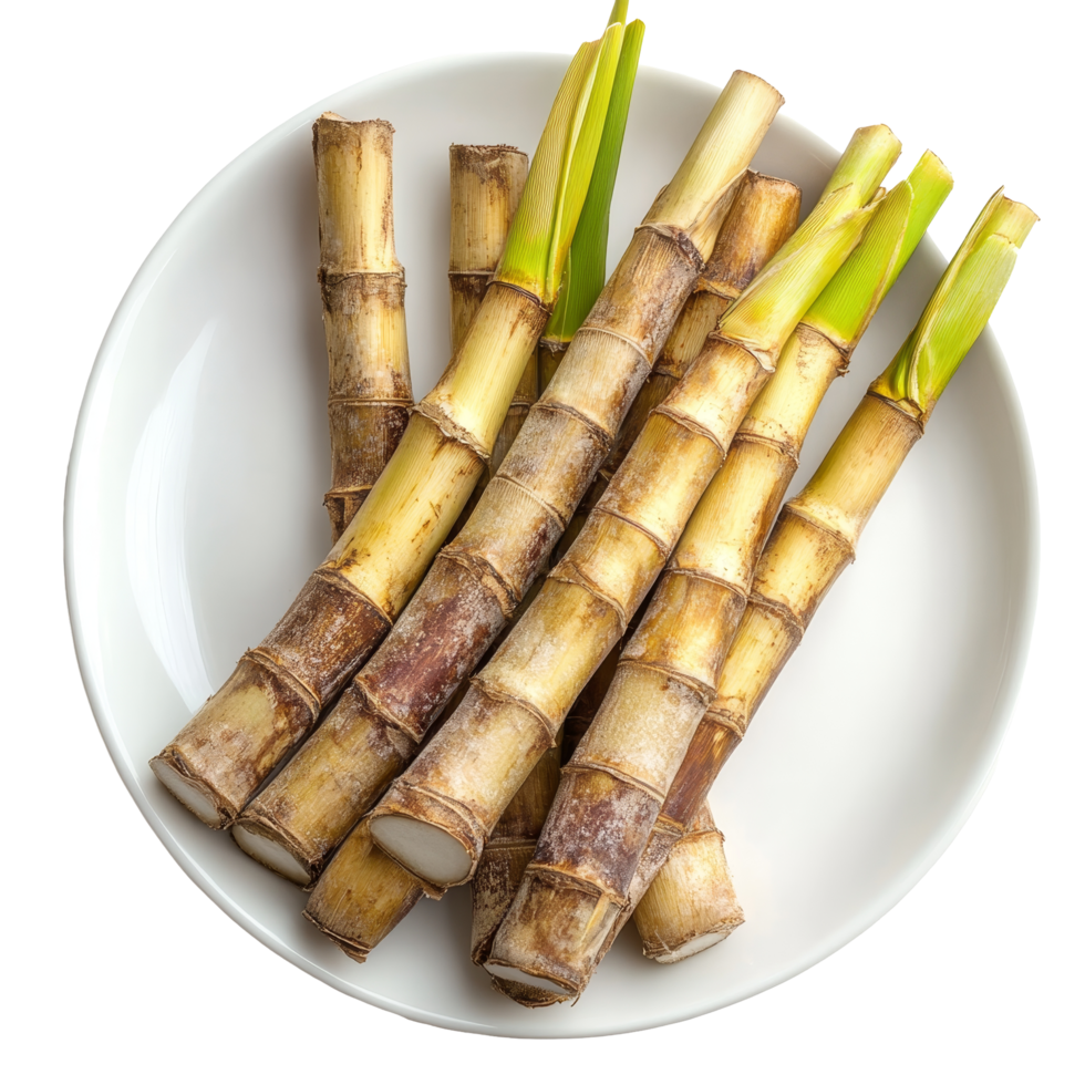 Freshly harvested sugarcane sticks arranged neatly on a transparent plate against a clean transparent background, sugarcane in transparent plate on transparent background png