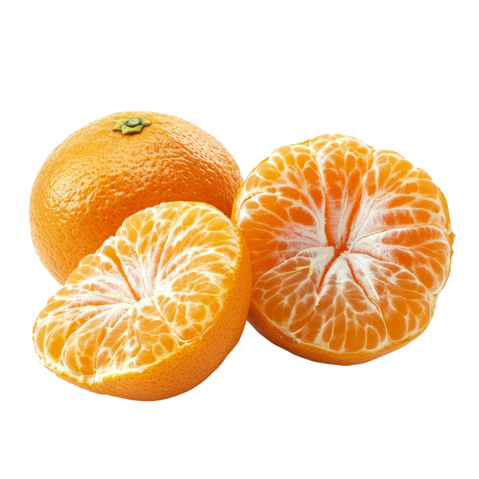 Fresh tangerines cut in half, showcasing juicy segments, isolated on a clean transparent background, Tangerines orange isolated on transparent background png