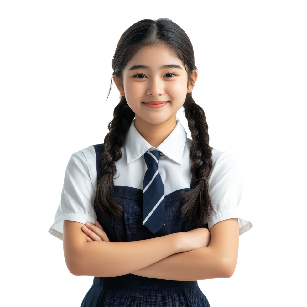 Cheerful Asian student girl in school uniform poses confidently with arms crossed in a bright setting, Happy pretty Asian student girl in school uniform isolated transparent background png