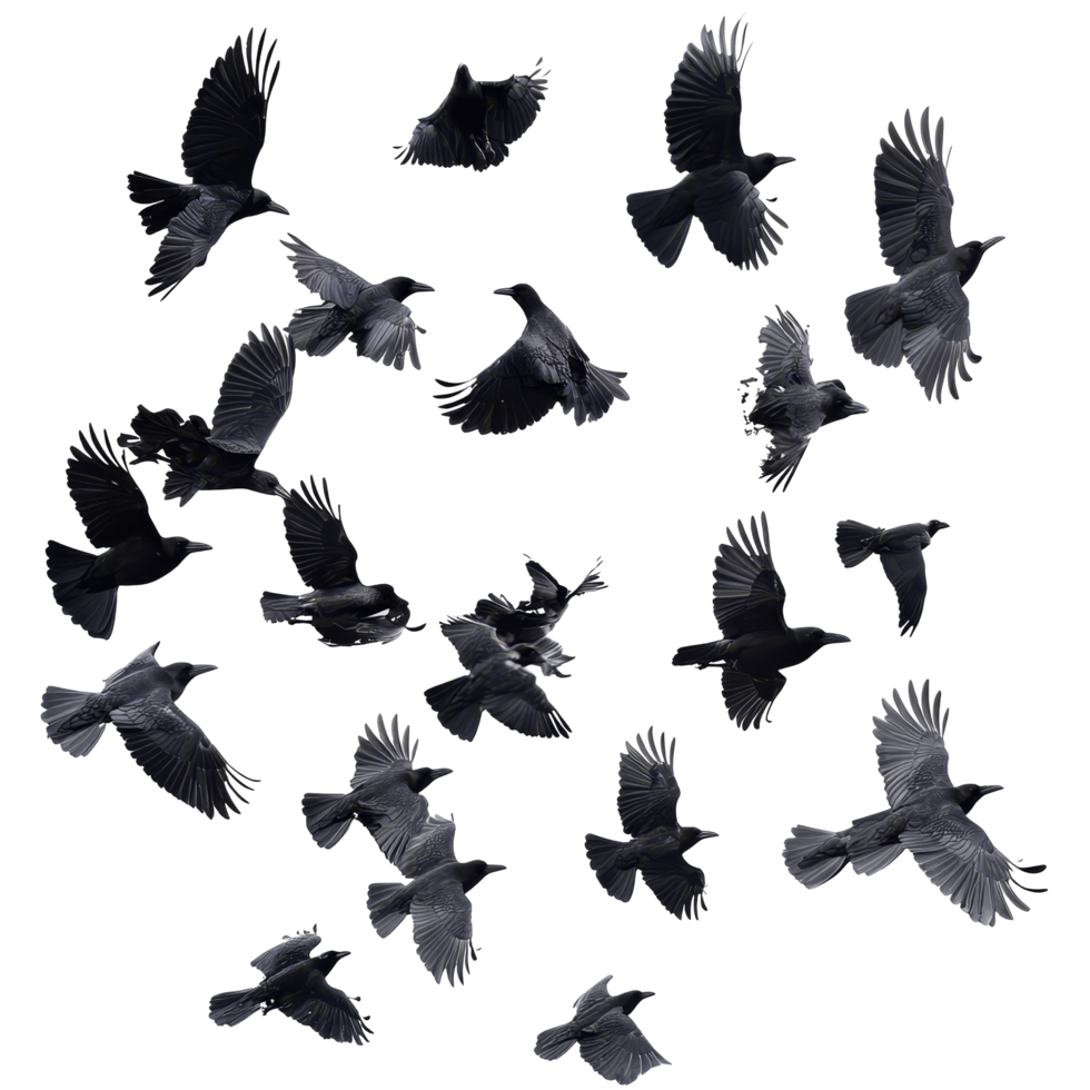 A flock of crows soaring gracefully against a transparent background in midday light, flock of flying crowsfile of isolated object on transparent background png