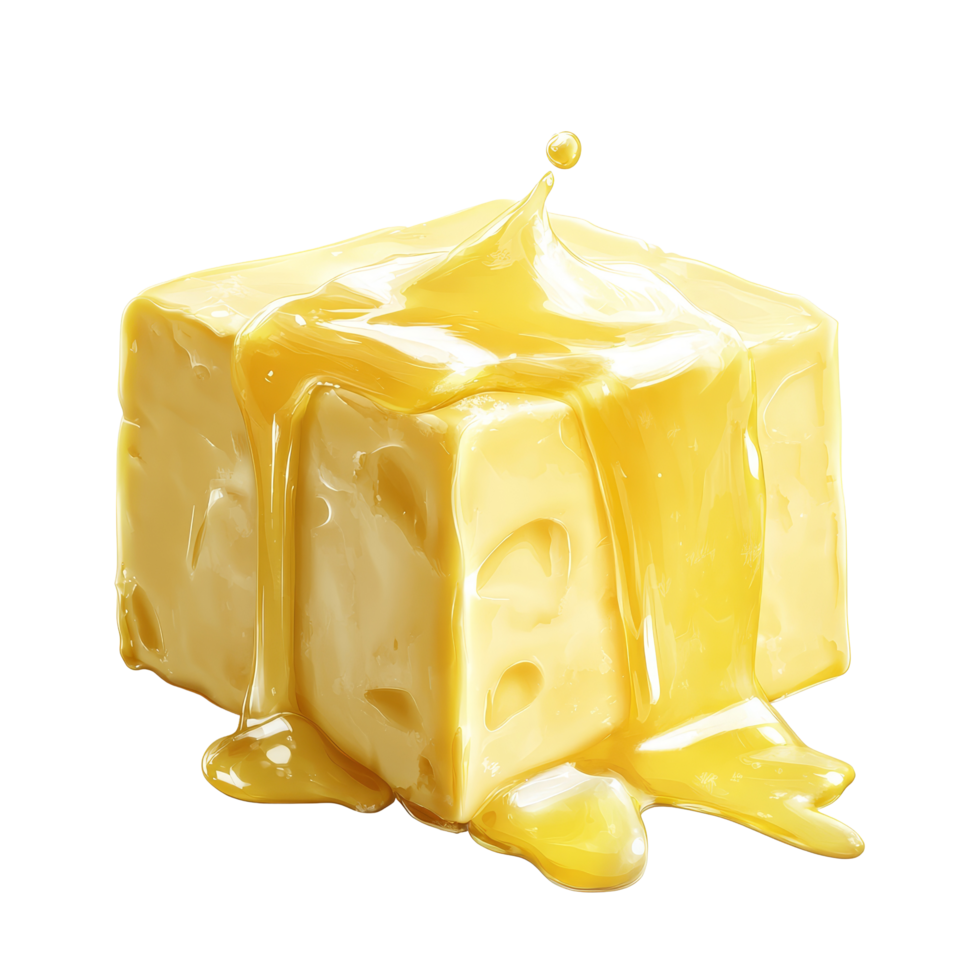Melting butter block dripping with golden liquid against a bright transparent background, Butter melting isolated png