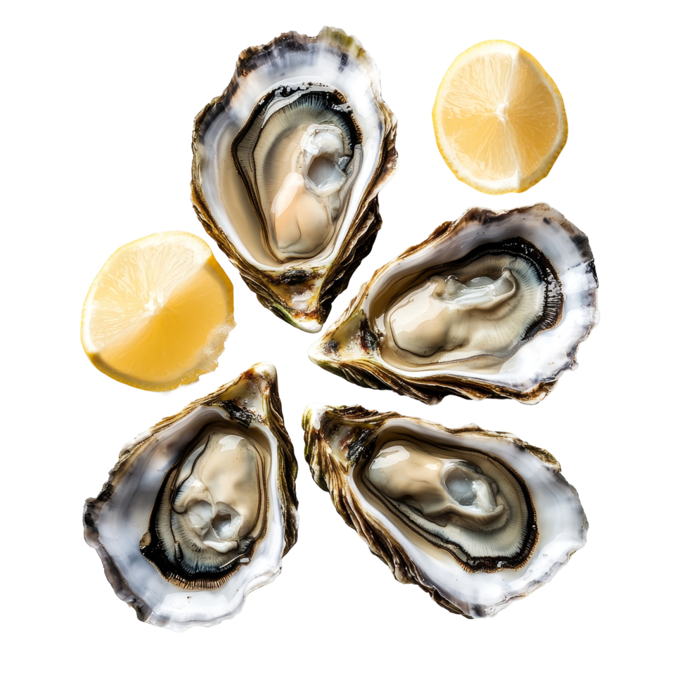 Fresh oysters served on ice with lemon slices against a clean transparent background for culinary enjoyment, Fresh Oysters on transparent background png